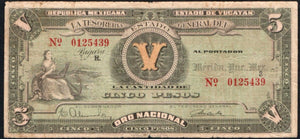 Mexico 5 Pesos 1916 Estado YUCATAN, M-4135a - ArabellaBanknotes.com