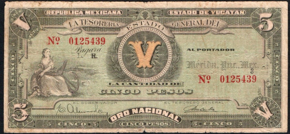 Mexico 5 Pesos 1916 Estado YUCATAN, M-4135a - ArabellaBanknotes.com