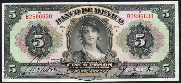 Mexico 5 Pesos 1925-1934 Banco de MEXICO Series I, M-4615h - ArabellaBanknotes.com