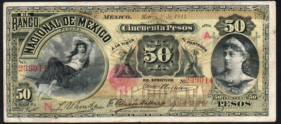 Mexico 50 Pesos 1911 El Banco Nacional Distrito Federal M-301d - ArabellaBanknotes.com