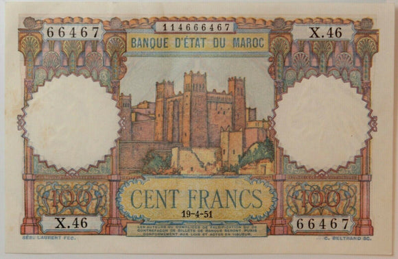 Morocco 100 Francs 1951 P-45 Almost Uncirculated - ArabellaBanknotes.com