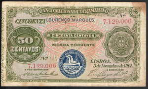 Mozambique 50 centavos 1914, P-55 - ArabellaBanknotes.com
