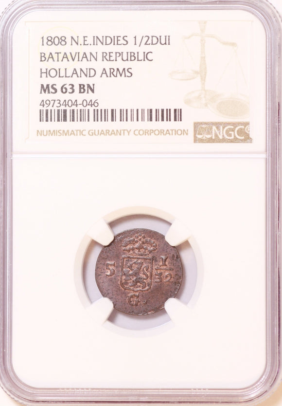 Netherlands E. Indies 1/2 Duit Batavian Republic 1808, NGC MS 63 - ArabellaBanknotes.com