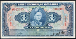 Nicaragua 1 Cordoba 1951, P-91b - ArabellaBanknotes.com