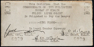 Philippines 5 Pesos 1942 Bureau of Health Culion Leper Colony P-S246 - ArabellaBanknotes.com