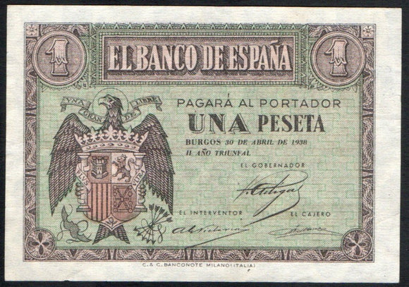 Spain 1 Peseta 1938, P-108 - ArabellaBanknotes.com
