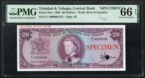 Trinidad & Tobago 20 Dollars 1964, P-29cs PMG 66 EPQ Specimen - ArabellaBanknotes.com